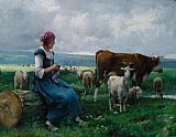 Sheep Canvas Paintings - Shepherdess with Goat Sheep and Cow